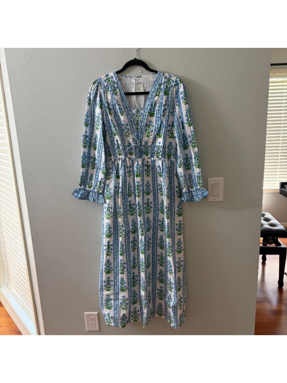 Pink City Prints Melanie Midi Dress MEDIUM White Cotton Blue Floral